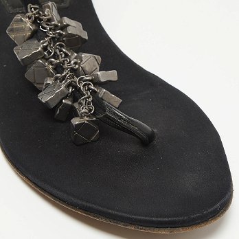 Black Satin Embellished Thong Flat Sandals