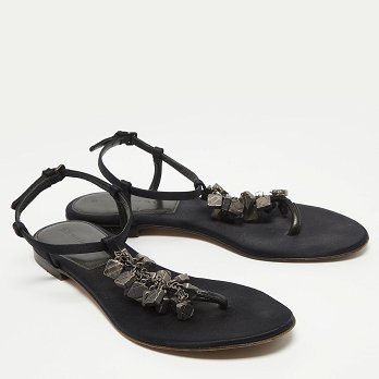 Black Satin Embellished Thong Flat Sandals