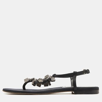 Black Satin Embellished Thong Flat Sandals