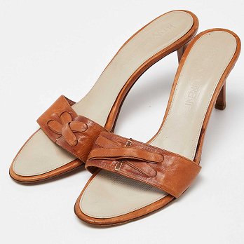 Brown Leather Open Toe Slide Sandals