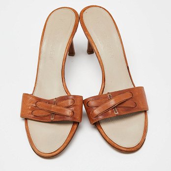 Brown Leather Open Toe Slide Sandals