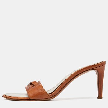 Brown Leather Open Toe Slide Sandals