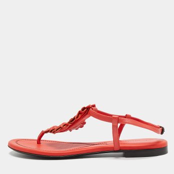 Red Leather Flower Cutout Sunset Flat Sandals