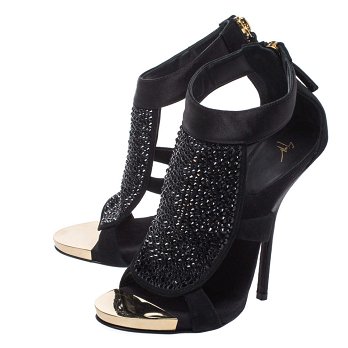 Giuseppe Zanotti Black Satin and Suede Crystal Embellished Ankle Strap Sandals Size 38