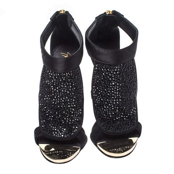 Giuseppe Zanotti Black Satin and Suede Crystal Embellished Ankle Strap Sandals Size 38