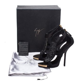 Giuseppe Zanotti Black Satin and Suede Crystal Embellished Ankle Strap Sandals Size 38