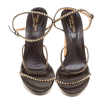 Sergio Rossi Brown Studded Strappy Leather Open Toe Platform Sandals Size 40.5