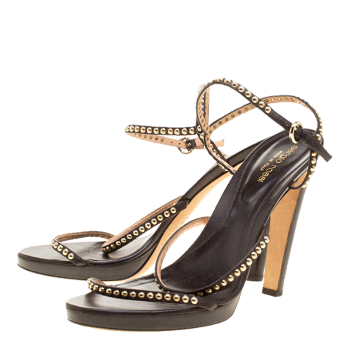 Sergio Rossi Brown Studded Strappy Leather Open Toe Platform Sandals Size 40.5