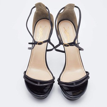 Black/Olive Green Patent and Leather Platform Ankle Strap Sandals