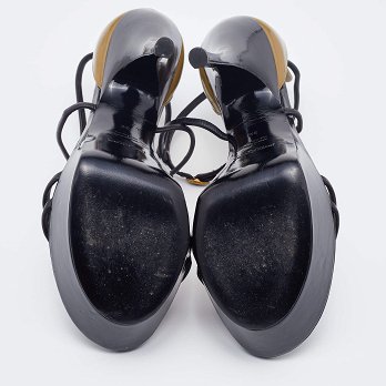 Black/Olive Green Patent and Leather Platform Ankle Strap Sandals