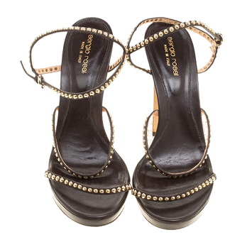 Sergio Rossi Brown Studded Strappy Leather Open Toe Platform Sandals Size 40.5