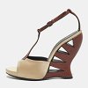 Beige/Silver Lizard Embossed Leather and Satin Wedge Sandals thumbnail 2