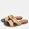Beige/Navy Blue Canvas and Leather Flat Slides thumbnail 2