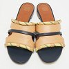 Beige/Navy Blue Canvas and Leather Flat Slides thumbnail 3