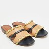 Beige/Navy Blue Canvas and Leather Flat Slides thumbnail 4